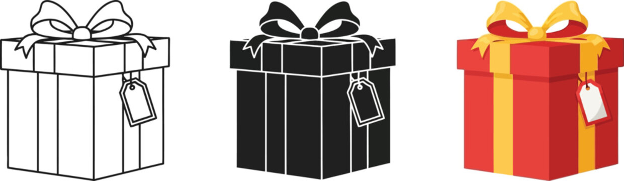 A set of three stylized gift box icons, including an outline version, a solid black silhouette, and a vibrant red and gold present with a ribbon bow and a blank gift tag, ideal for Christmas, holidays