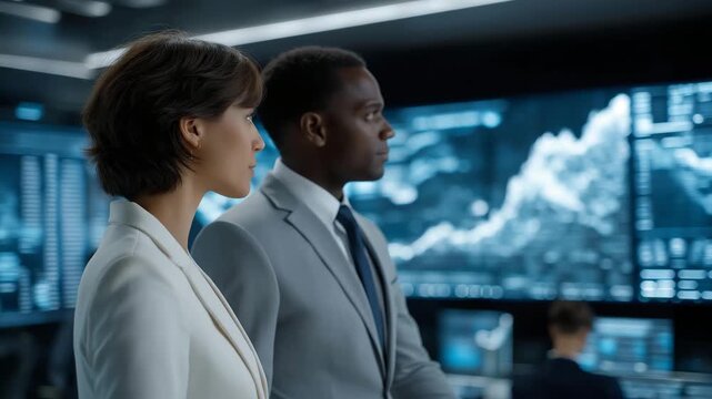 Futuristic corporate environment where leaders analyze holographic dashboards of AI predictions, discussing investment strategies and risks, representing innovation, smart planning, and business - Powered by Adobe