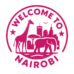 Discover nairobi national park with a unique rubber stamp featuring wildlife and cityscape