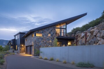 Fototapeta premium A contemporary stone house featuring eye-catching architecture is beautifully situated in a serene natural setting, surrounded by mountains at twilight