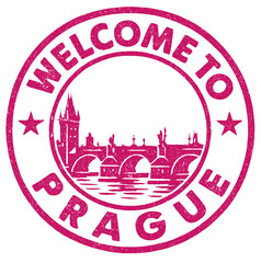 Rubber stamp showcasing welcome to Prague with an illustration of Charles Bridge in vibrant red color