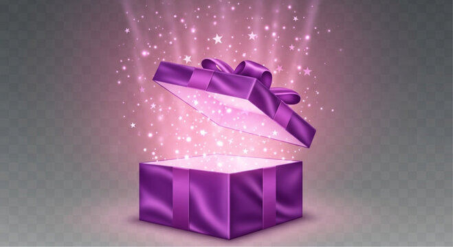 A mesmerizing display of an open gift box, its vibrant pink hue radiating beams of shimmering light and tiny stars, evoking a sense of anticipation and delight. vector illustration