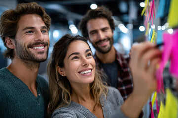 Team members collaborating on creative ideas using colorful sticky notes in a modern workspace