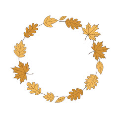 Autumn Leaves Wreath Frame. Hand-drawn Fall Botanical Illustration for Seasonal Design and Decoration.