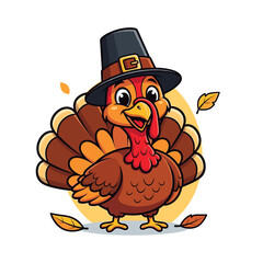 Cute cartoon turkey wearing pilgrim hat, ready for Thanksgiving holiday celebration with autumn leaves