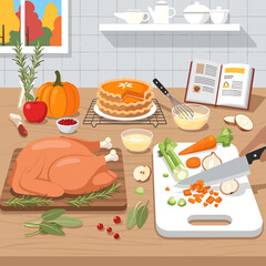 Autumn Holiday Cooking Scene: Roast Turkey, Pumpkin Pie, and Fresh Vegetables Prepared on a Kitchen Counter