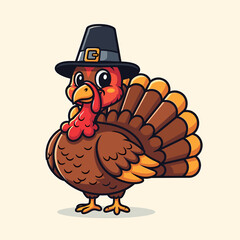 Cute Cartoon Turkey Wearing Pilgrim Hat for Thanksgiving Holiday Celebration Illustration