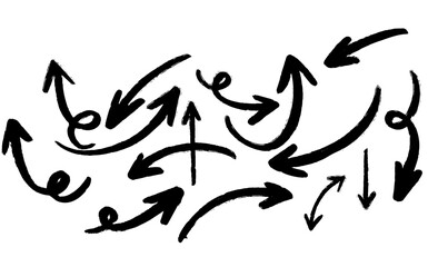 A collection of black, hand-drawn arrows with a textured, sketchy appearance, indicating multiple directions and movements on a white background.