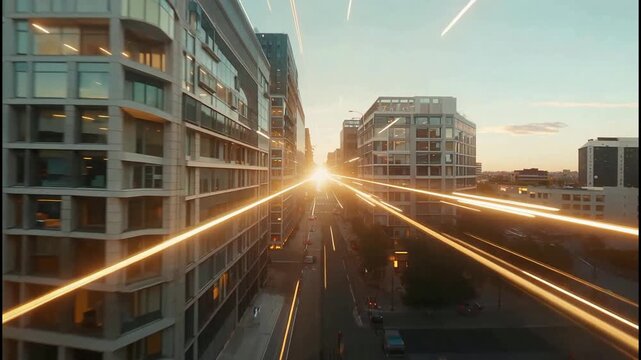 Accelerated urban experience, modern city environment with simulated speed effect and light streams depicting fast-paced life