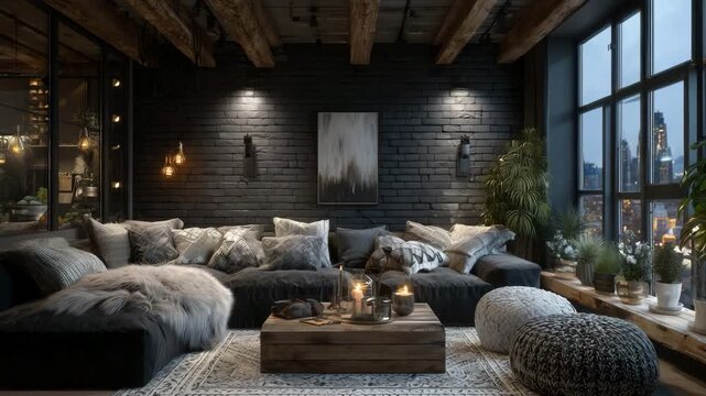 120Rustic-modern loft with dark brick wall, industrial pendant lighting, and cozy seating area with plush fabrics and warm tones