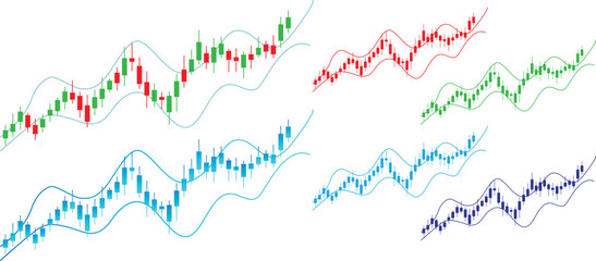 Colorful Candlestick Chart Collection Vector – Stock Market Technical Analysis Set with Trend Lines and Financial Data Graphs Isolated on White Background