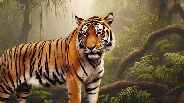 A majestic wild feline stands poised and alert on a large, moss-covered log within a dense, misty tropical jungle. Its distinctive orange and black striped fur contrasts beautifully with the vibrant g