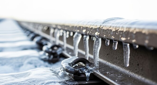 Close-up of frozen metal rail with icicles and water drips  