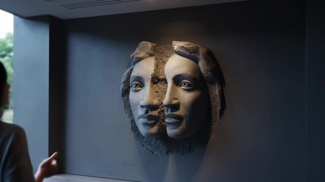 A woman observes a stone sculpture of two faces joined at the midline, lit by a single point