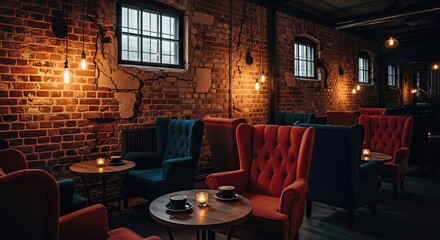 Cozy cafe interior with vintage brick wall, red and blue armchairs and warm lighting. Gentry and relaxation concept.