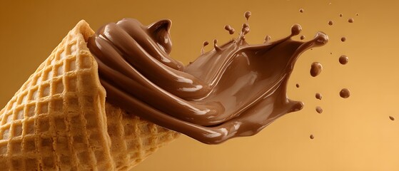 Creamy confection with a dynamic chocolate sauce splash erupting from a crisp cone