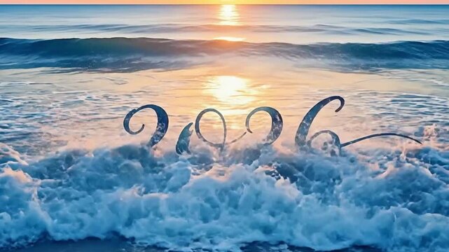 Watercolor New Year 2025 to 2026 Transition: Elegant Calligraphic Numerals Washed by Ocean Wave at Sunset.