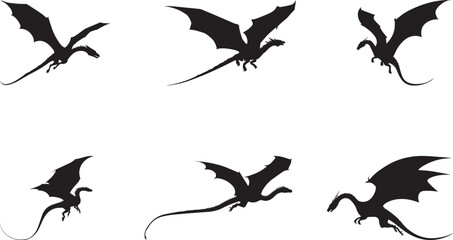 Silhouette of flying dragons with spread wings — fantasy creature illustration symbolizing power, strength, mythology, and imagination — black dragon art isolated on white background