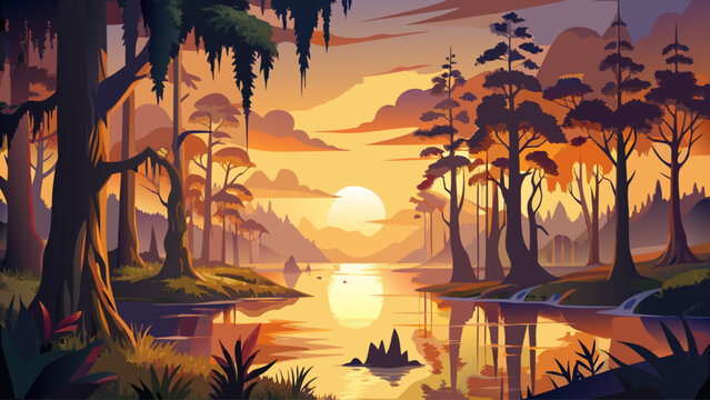 Very beautiful sunrise at the swamp of Caddo Lake, Texas, with golden light filtering through cypress trees draped in Spanish moss, calm reflective water, misty atmosphere, and tranquil natural scener