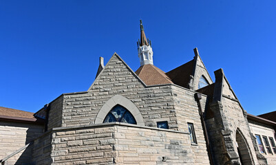 church with a steeple in a small town