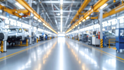 Fototapeta premium Automobile factory interior with blurred vehicle assembly line and bright lighting creating spacious and modern industrial atmosphere full of activity and precision