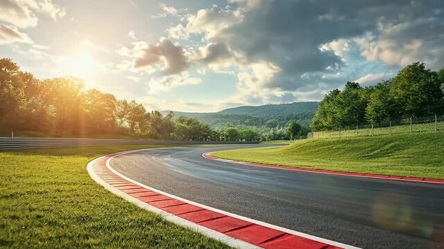 A vibrant, wide-angle shot of an empty asphalt race track gracefully curving through a stunning natural landscape under a bright, dynamic sky. The sun casts warm, golden rays and a beautiful lens flar