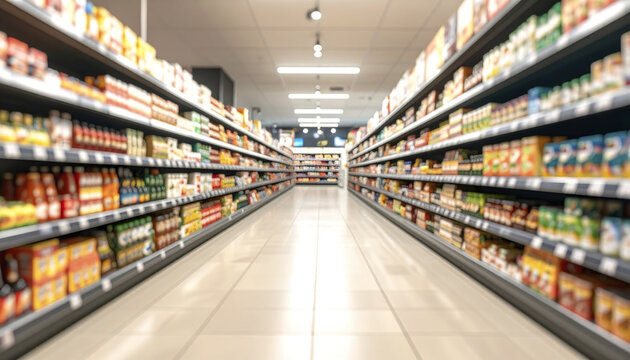 Grocery store aisle with organized shelves filled with various packaged food products and neutral floor tiles under bright ceiling lights creating calm shopping atmosphere