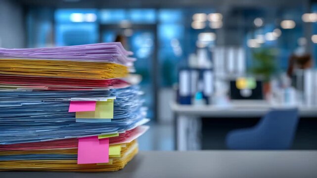 185Close-up view of piled healthcare documentation, patient files with visible labels and colored tabs, soft focus on background medical equipment