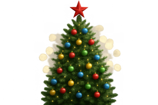 Decorated christmas tree with colorful ornaments, star topper, and sparkling bokeh lights, transparent background