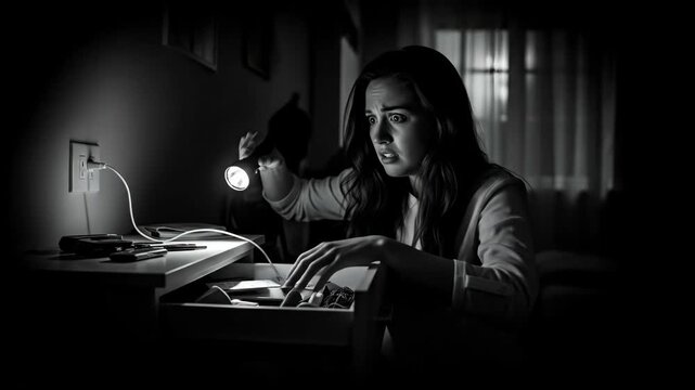 Woman with flashlight searching drawer in dark room during power outage, looking scared and worried, black and white video footage.