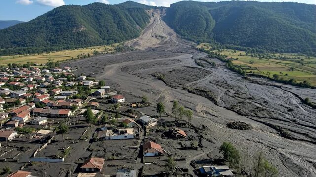 Massive landslide covering a village near mountains, showcasing devastation and natural disaster impact over time footage.