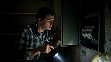 Young man searching for problem in dark room with flashlight, opening and checking fuse box, looking for solution, footage.