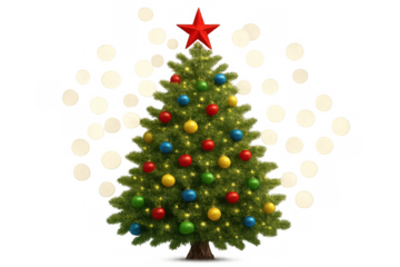 Christmas tree decorated with ornaments, lights, and a star, bringing festive holiday cheer, transparent background