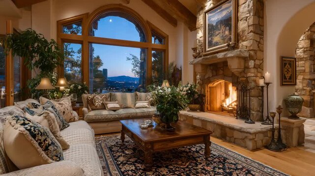 199Warm and inviting living space in traditional luxury style, vaulted ceilings, ornate stone fireplace, plush sofa, patterned rugs, and decorative art pieces