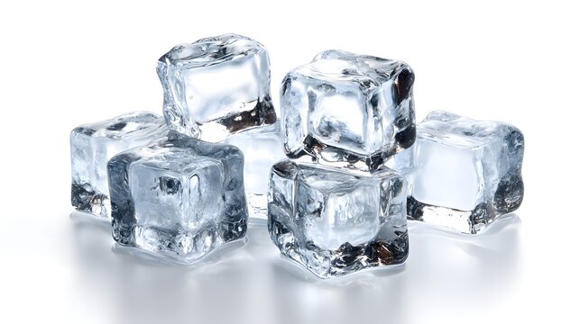 Several clear, solid blocks of frozen water are piled together on a bright white surface.