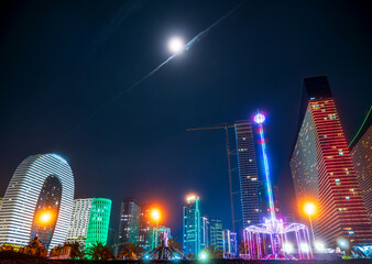 Batumi city skyline with neon lights, modern skyscrapers, smart city vibes and futuristic architecture reflecting nightlife, tourism, travel and urban innovation in Georgia