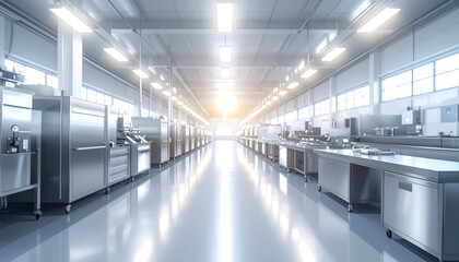 Naklejka premium Industrial kitchen interior with stainless steel equipment and bright lighting, reflecting on clean polished floor, creating spacious and modern atmosphere