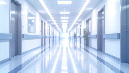 Fototapeta premium Bright clean hospital corridor with reflective floor and soft lighting creating calm and sterile atmosphere in modern medical facility