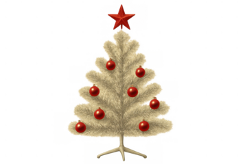 White christmas tree featuring red ornaments and a star topper, celebrating holiday season traditions and retro style