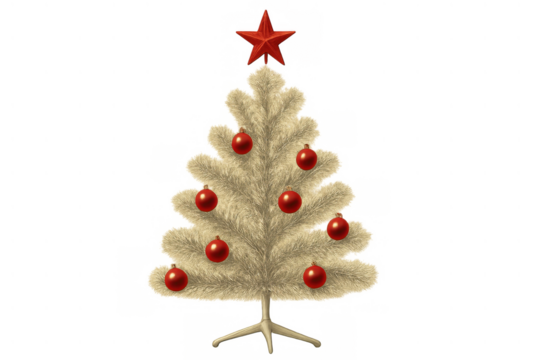White christmas tree featuring red ornaments and a star topper, celebrating holiday season traditions and retro style
