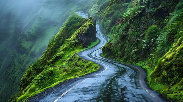 Majestic winding road ascending lush green mountainside enveloped in soft, atmospheric mist and ethereal light - Powered by Adobe