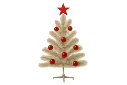 Cute faux fur christmas tree with red ornaments and a star topper, celebrating festive season and new year