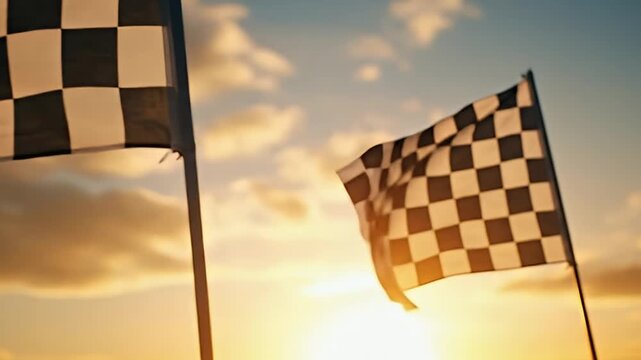Two iconic checkered flags wave dynamically against a stunning backdrop of a golden sunset or sunrise sky, with the sun's warm glow creating a beautiful lens flare. The distinct black and white patter