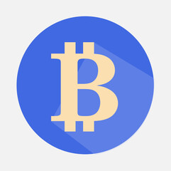 3D Golden Bitcoin Icon on Blue Background — Minimalist Flat Design with Long Shadow