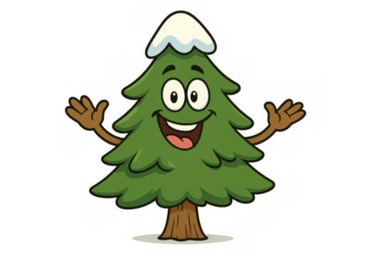 Happy cartoon christmas tree character smiling and waving, bringing holiday joy and winter cheer, transparent background