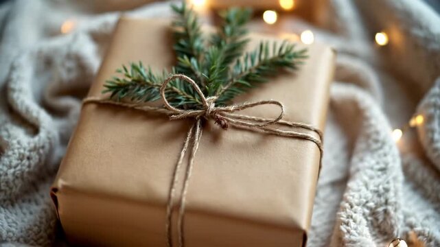 Beautifully decorated Christmas gift box wrapped in kraft paper on a cozy knitted plaid with lights