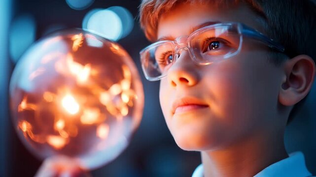 Curious young scientist observing plasma globe in laboratory - Powered by Adobe