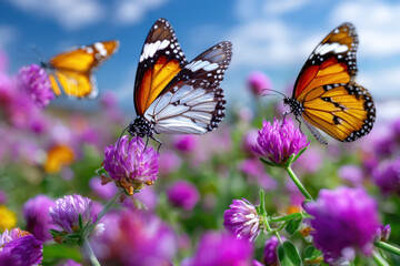 Obraz premium Colorful butterflies fluttering among vibrant flowers in a sunny meadow