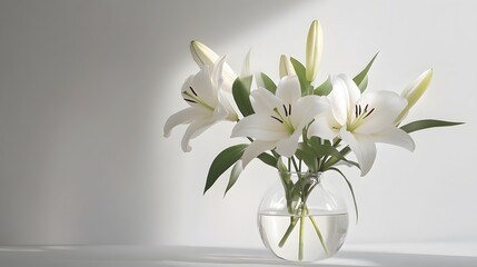 Group of white lilies arranged in a clear glass orb vase sits against a softly lit neutral background