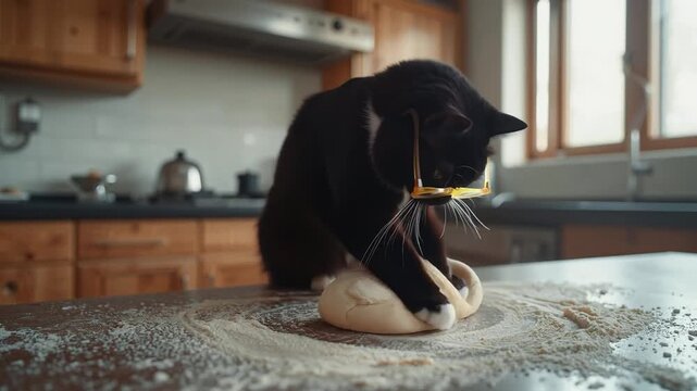 A black cat with yellow glasses kneads dough on the kitchen table, making Christmas strudel or apple pie, funny footage of pets helping around the house